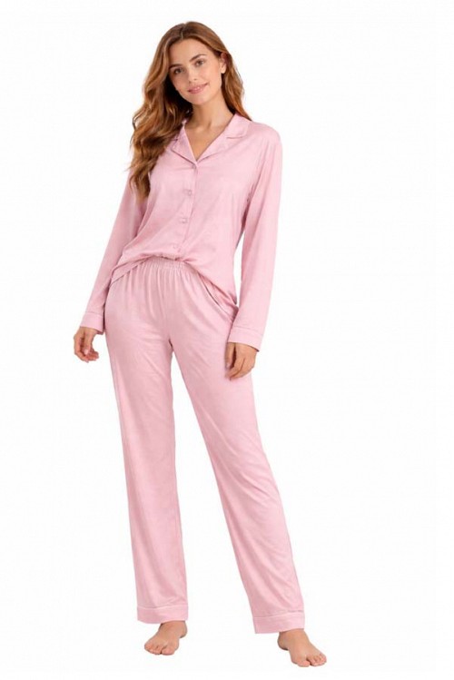 Γυναικεία πυτζάμα βαμβακερή με κουμπιά ροζ