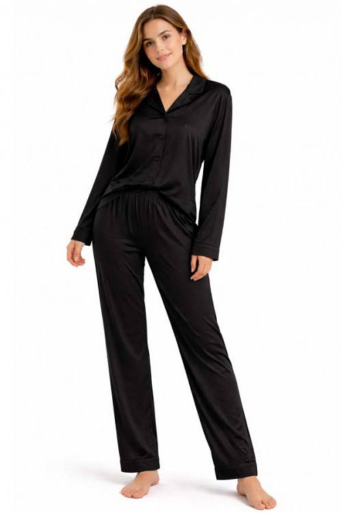 Γυναικεία πυτζάμα βαμβακερή με κουμπιά μαύρη