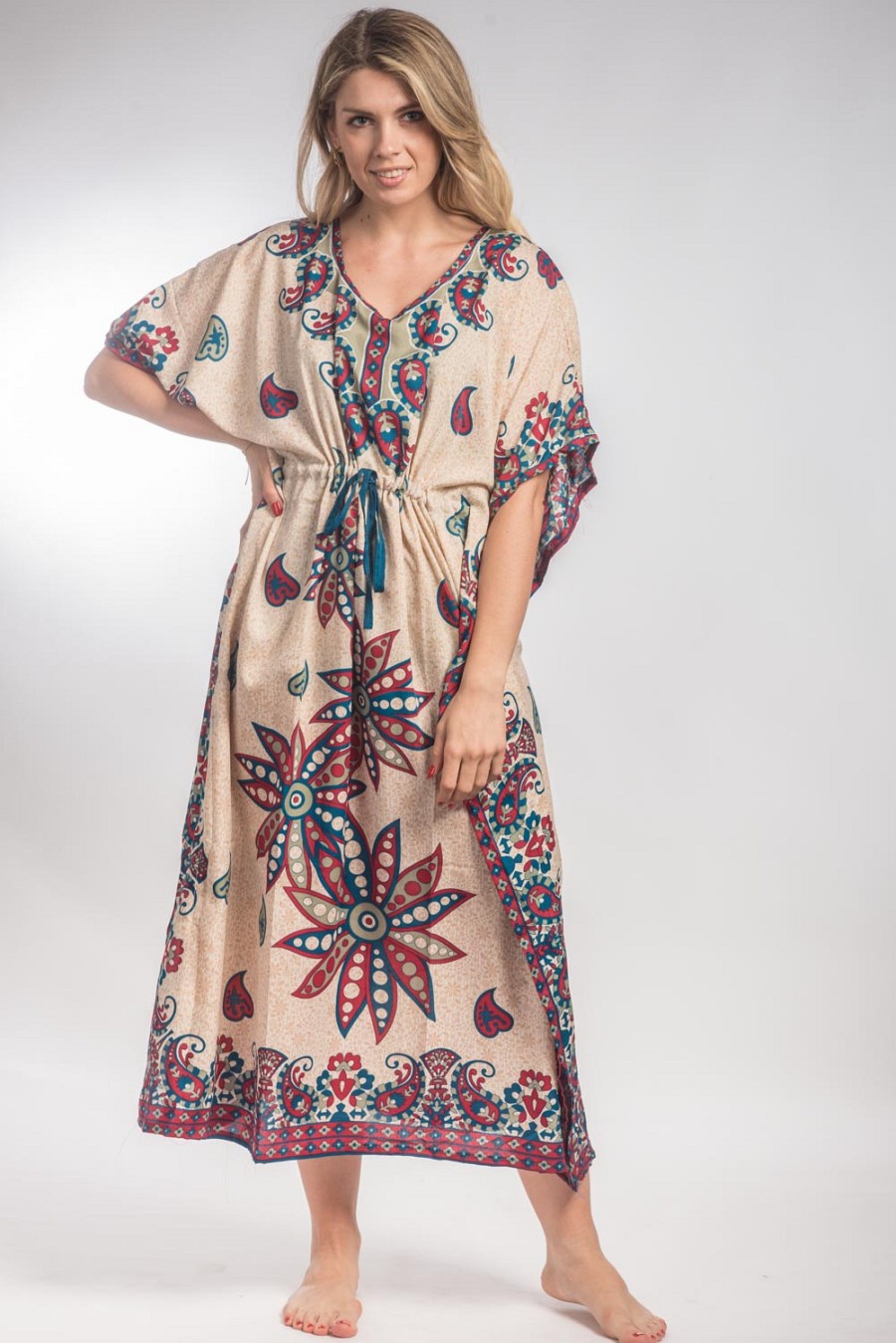 Γυναικείο καφτάνι με σχέδια πετρόλ