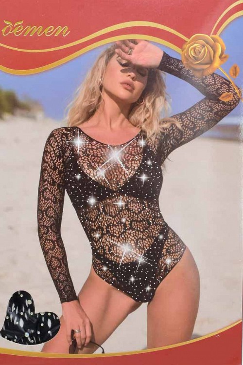 Σέξι Ολόσωμο Διχτυωτό Κορμάκι με Μακριά Μανίκια – Μαύρο