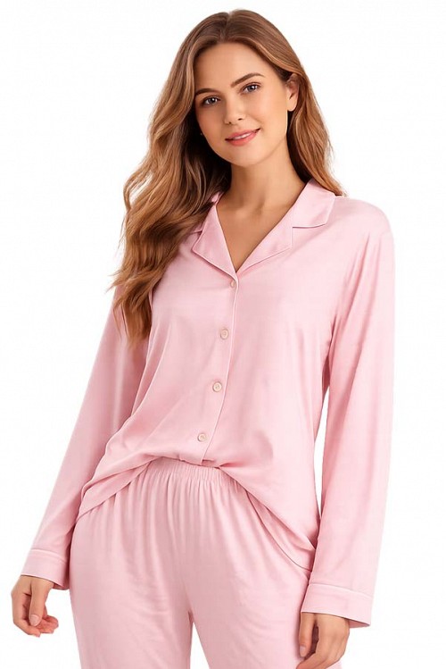 Γυναικεία πυτζάμα βαμβακερή με κουμπιά ροζ